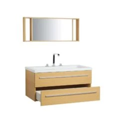 Beliani Badkamerkast Met Spiegel ALMERIA - Beige Mdf -VIDAL Salle De Bain Winkel 1000038608 0103