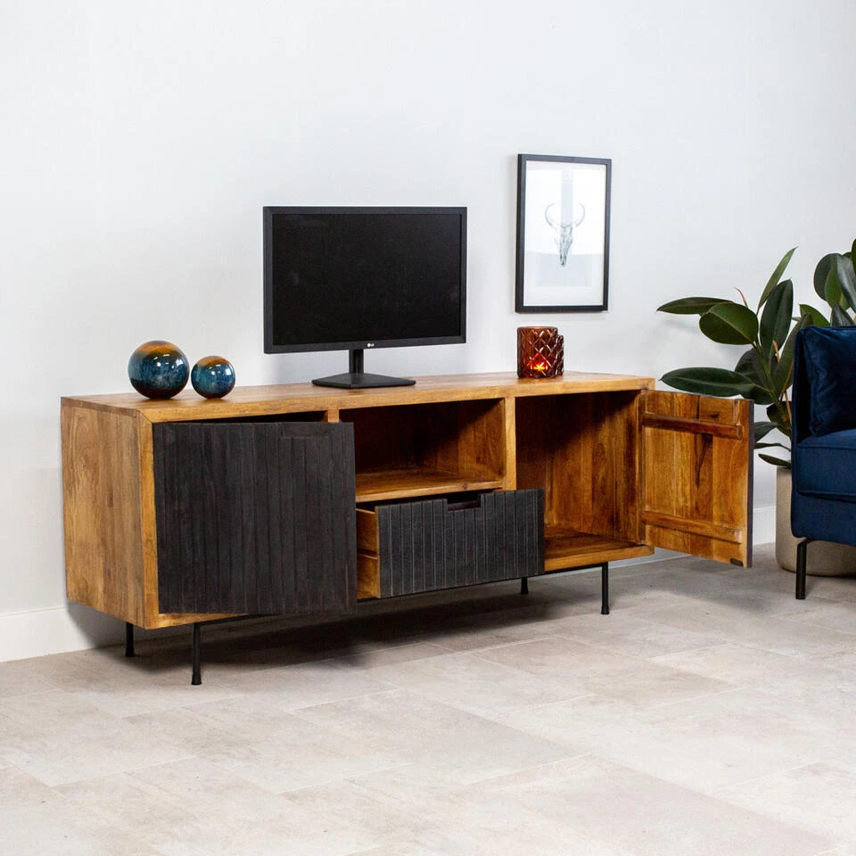 Industrieel Tv-meubel Felix 2-deurs Zwart Mangohout 40x140x55 Cm Mangohout 2 Industrieel Tv-meubel Felix 2-deurs Zwart Mangohout 40x140x55 Cm Mangohout - Afbeelding 2