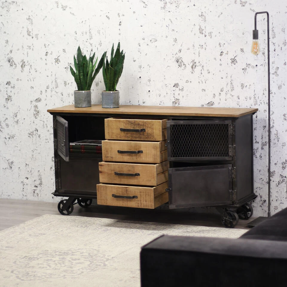 Industriële Dressoir Kast Bryce - 40x153x80 Cm - Mangohout - Bruin 2 Industriële Dressoir Kast Bryce - 40x153x80 Cm - Mangohout - Bruin - Afbeelding 2