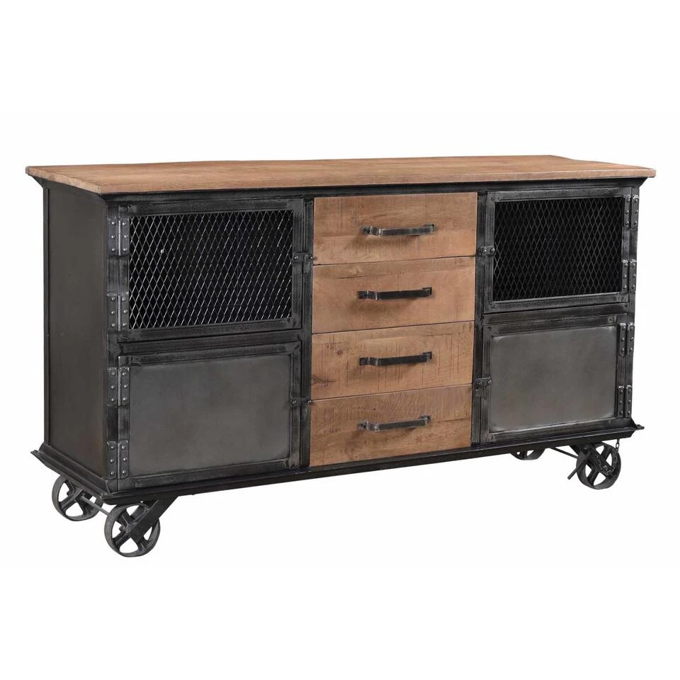 Industriële Dressoir Kast Bryce - 40x153x80 Cm - Mangohout - Bruin 1 Industriële Dressoir Kast Bryce - 40x153x80 Cm - Mangohout - Bruin