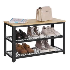 ACAZA Stevig Schoenenrek - Zwart Frame En Bankje In Lichte Eik - 73x30x45cm -VIDAL Salle De Bain Winkel 1000046801 0102