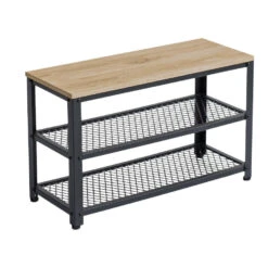 ACAZA Stevig Schoenenrek - Zwart Frame En Bankje In Lichte Eik - 73x30x45cm