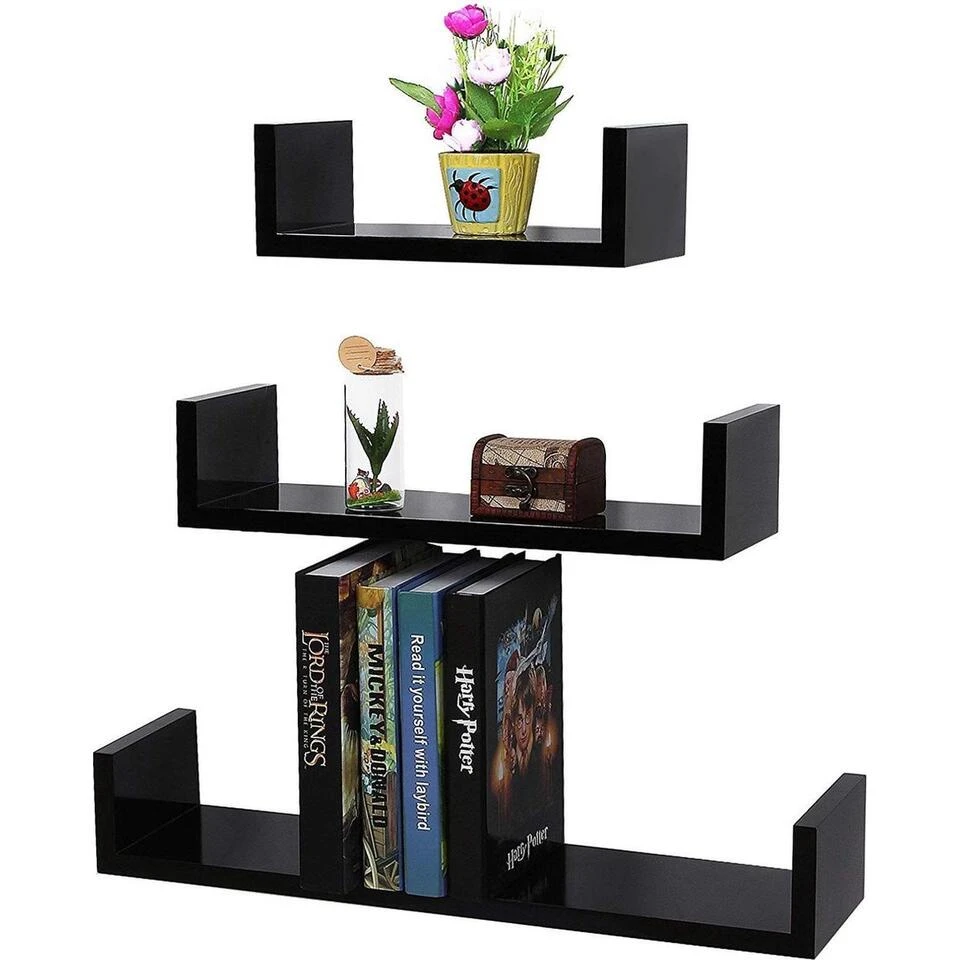 Set Van 3 Boekenplanken - U-vormige Wandplank - Zwart 1 Set Van 3 Boekenplanken - U-vormige Wandplank - Zwart