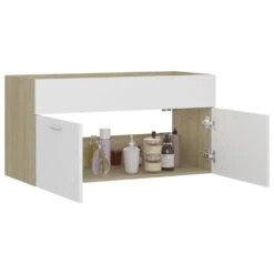 VidaXL Wastafelkast 90x38,5x46 Cm Spaanplaat Wit En Sonoma Eikenkleur -VIDAL Salle De Bain Winkel 384d4172d09d4d128d130ef6b85ad514