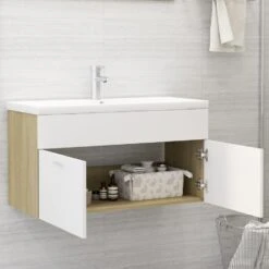 VidaXL Wastafelkast 90x38,5x46 Cm Spaanplaat Wit En Sonoma Eikenkleur -VIDAL Salle De Bain Winkel 4672693fbfc14f5e8a050c9a662173fb