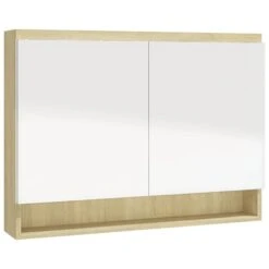 VidaXL Badkamerkast Met Spiegel 80x15x60 Cm MDF Wit En Eikenkleurig -VIDAL Salle De Bain Winkel 9cd7943a03b64414bdf3d14b48047985