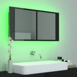 VidaXL Badkamerkast Met Spiegel En LED 90x12x45 Acryl Hoogglans Zwart -VIDAL Salle De Bain Winkel da0c01d5953a46589e9f18e79c829732