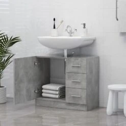 VidaXL Wastafelkast 63x30x54 Cm Spaanplaat Betongrijs -VIDAL Salle De Bain Winkel e5ffaa73610e45f8b25ed36dc572c68d